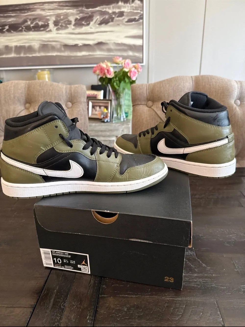 Jordan 1 Mid Black White Olive. Mens 10. pre-owned. Worn.